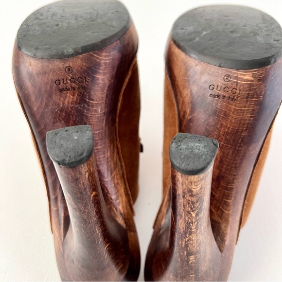 GUCCI | Brown Suede Horsebit Nailhead High Heel Wood Mule Clogs Platform US 8.5 - Picture 15 of 16